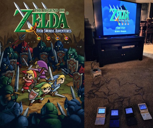 Capa do jogo "The Legend of Zelda: Four Swords", e ao lado, 4 game boys advance SP conectados no Gamecube para uma jogatina multiplayer.
