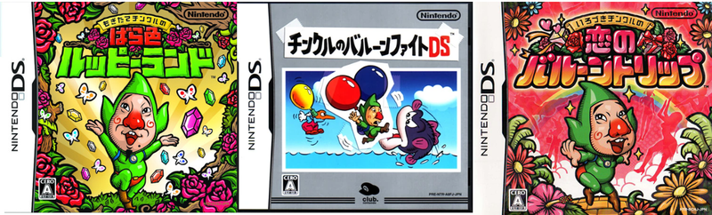 Capas dos jogos: "Freshly-Picked Tingle's Rosy Rupeeland", "Tingle's Balloon Fight DS" e "Ripened Tingle's Ballon Trip of Love".
